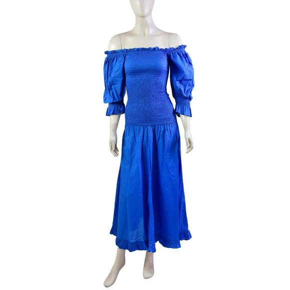 RHODE RESORT Eva Dress Midi Blue Off-the-shoulder